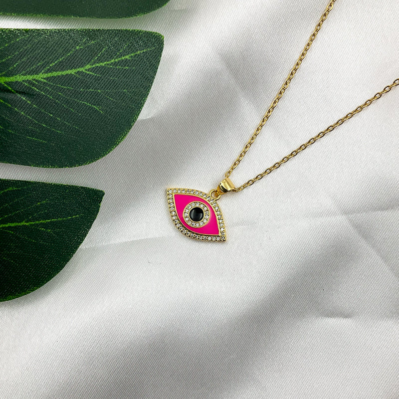 Diamond Studded Pink Evil Eye Necklace Necklaces CHOAL